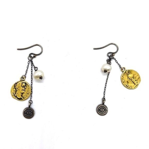 Silpada W1974 Sterling Silver Coin & Pearl Earrings .925 Brass Dangle - Picture 1 of 3